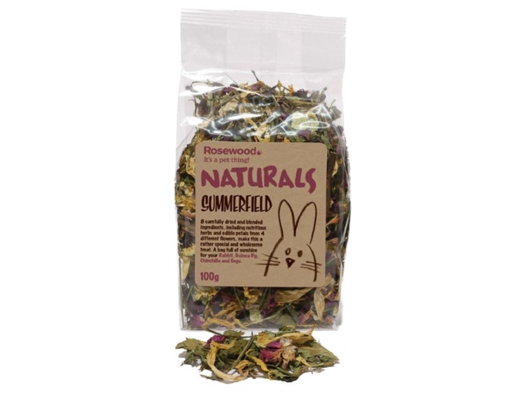 19468 - rosewood naturals sommermark blomster 100g | gnavernes univers Naturals summerfield fra rosewood, 100g, er en sund og velsmagende blanding af tørrede urter og grøntsager, ideel som godbid til gnavere som marsvin, kaniner og degus. | gnavernes univers