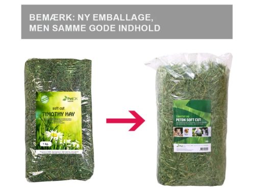 Timothy hø fra petdk i ny emballage, der viser en 1 kg pakke med blødt skåret hø til gnavere og mindre kæledyr. | gnavernes univers