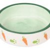 Keramisk skål til gnavere med grønt indre og dekorative gulerødder og poteaftryk, perfekt til vand eller foder. Ideel til hamstere, mus og andre små kæledyr. | gnavernes univers