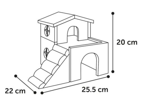 Tegning af en aktivitetslegetøjsstruktur til gnavere med mål på 25,5 cm i længden, 22 cm i bredden og 20 cm i højden. Designet inkluderer en lille hytte med vinduer og en skråning, der giver mulighed for leg og udforskning. Ideel til hamstere, mus eller andre små kæledyr. | gnavernes univers