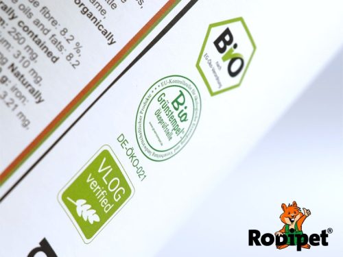 Økologisk foder til gnavere fra rodipet med certificeringer, herunder vlog og eu-bio, der sikrer naturlige ingredienser og høj kvalitet. | gnavernes univers