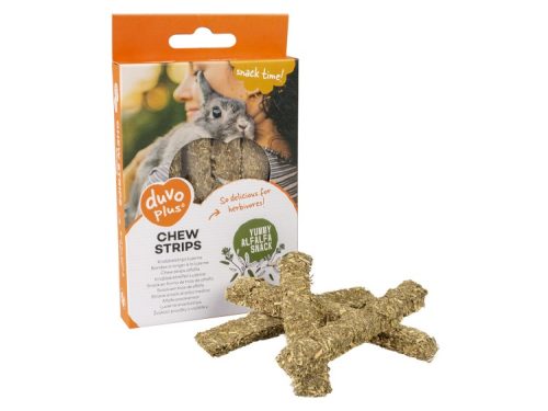 Duvo Plus chew strips til gnavere, lækre alfalfa snacks, ideelle til at tilfredsstille naturlige tyggebehov hos herbivorer. Pakken indeholder flere tyggestænger, der fremmer tandpleje og underholdning for små kæledyr.