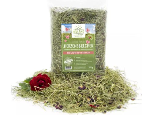 Heuland Premium Herzensbrecher hø til gnavere, 500 g, med vilde rosenblade, ideelt til hamster, kaniner og marsvin.