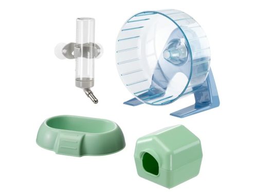 Udstyr til gnavere bestående af en træningshjul, vandflaske, madskål og hus. Ideelt til hamstere og mus for at sikre aktivering og komfort. | gnavernes univers